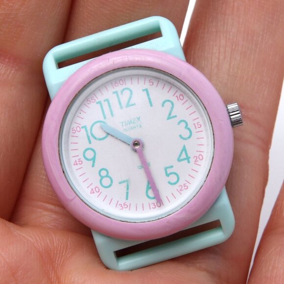 Vintage TIMEX Pastel Watch Floral Elastic Band Plastic Stainless Steel Pink Aqua - Picture 3 of 9